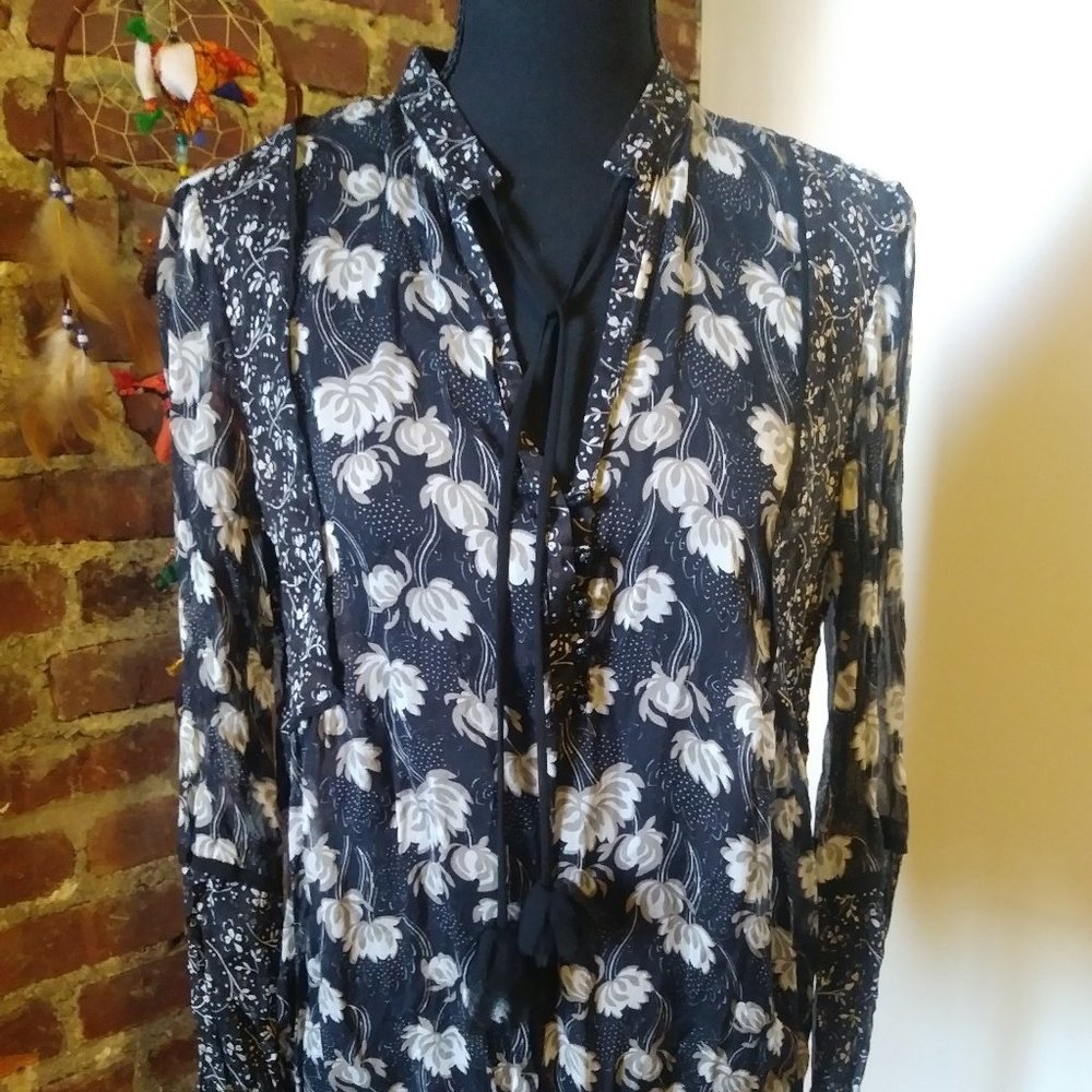 Zara 100% Silk Floral Print Sheer Blouse M